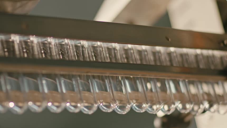 Factory machinery moves row of glass tubes