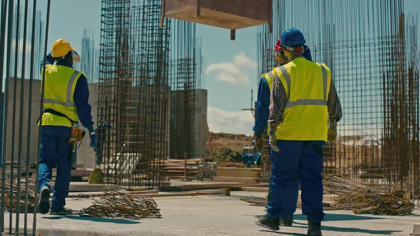 Metal box falling by safety chains at a construction site and workers going to check