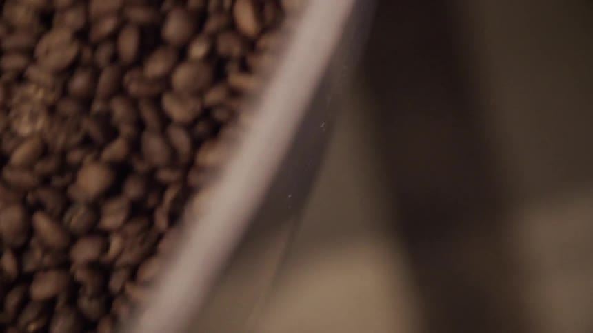 Coffee beans spin inside a roaster