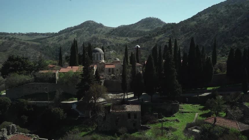 View of homes by fields and trees with mountains in the background