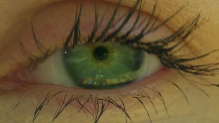The green eyes of a person with long eyelashes and fair skin