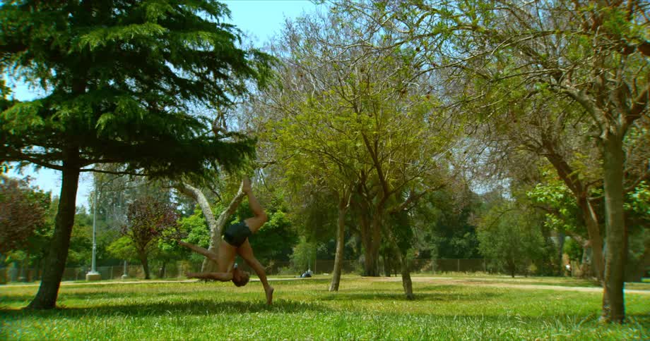A shirtless male performs stretches and a body flip while in a park