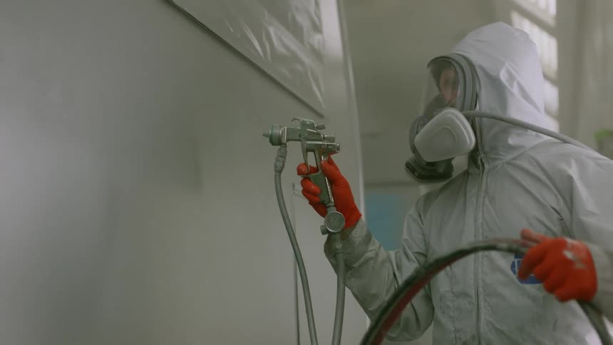 Man in protective suit painting the side of a vehicle with a hose