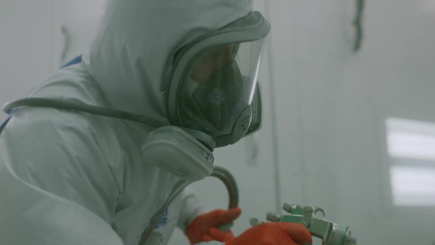 A worker in protective clothing paints a car