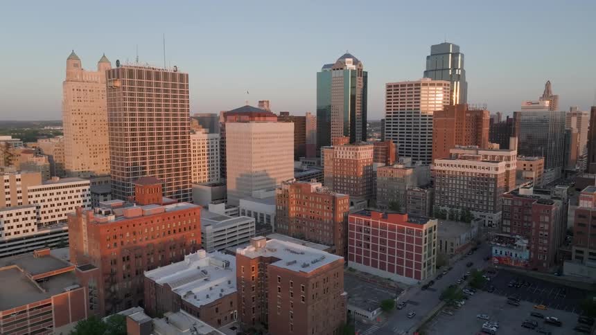 Aerial panorama of large buildings and skyscrapers in a morning
