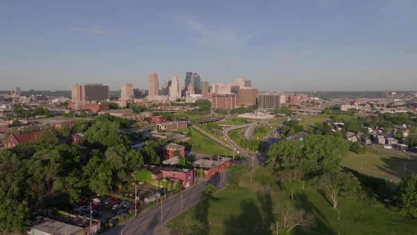 An aerial view of a downtown metropolitan cityscape