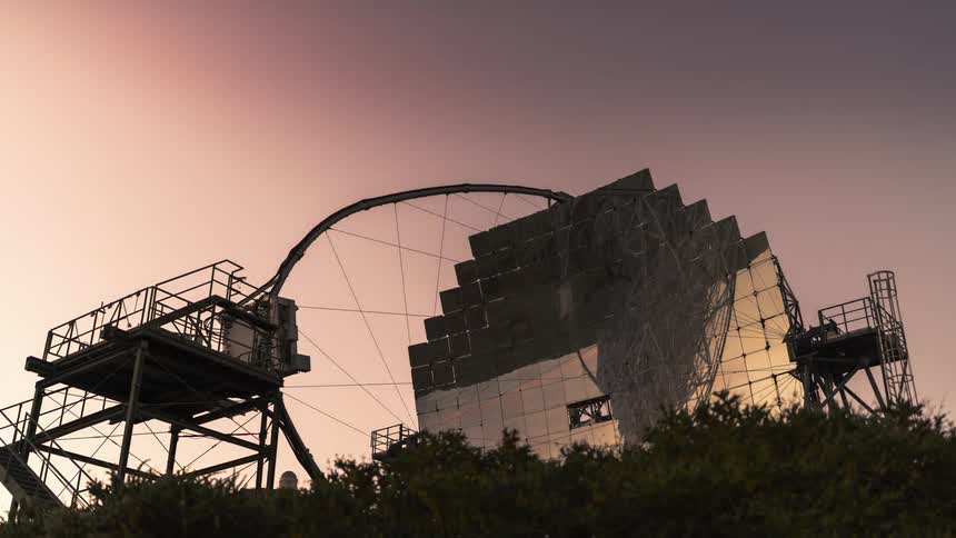 A space telescope pointed at the starry sky and then dawn and daytime
