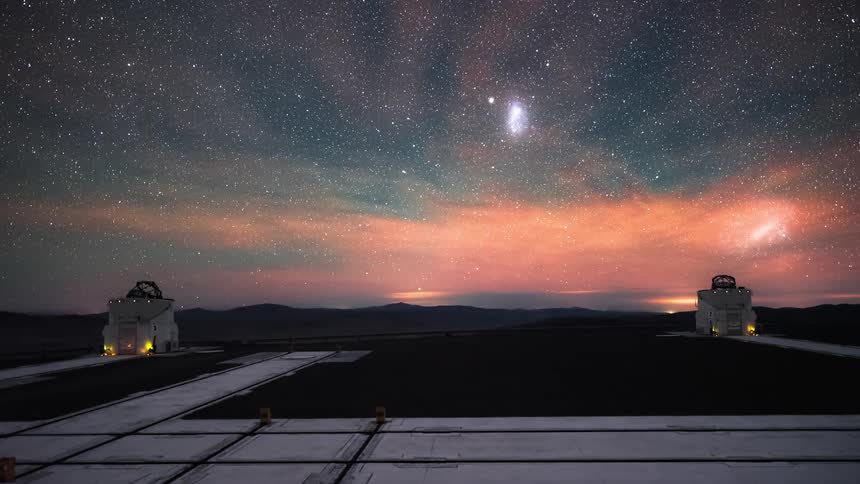 Two large antennas pointed at a starry night sky