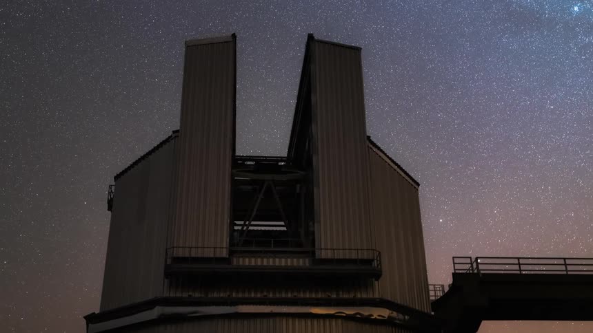 An observatory pointed at the sky is rotating and the sky is all stars and dark