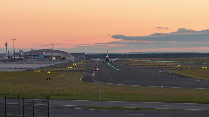 Airplane taxiing on an airport runway during twilight