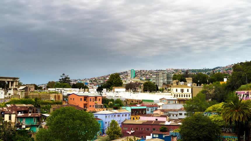 Panorama of a residential villa built in the hills against a cloudy sky