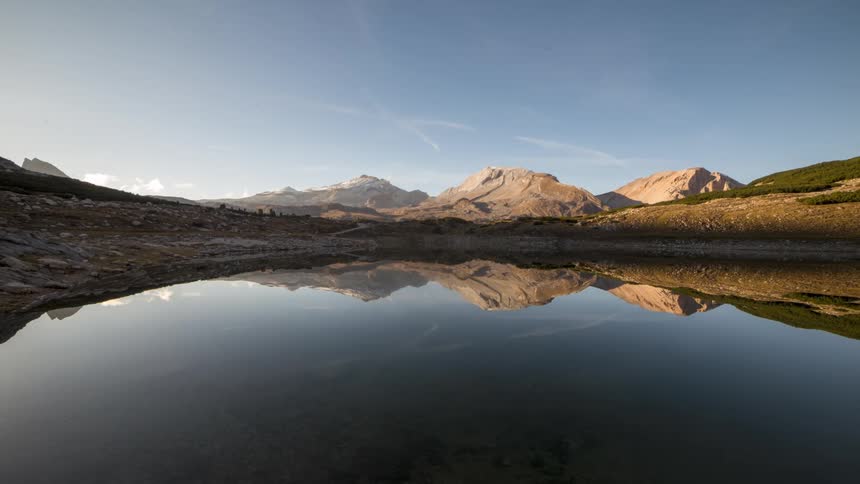Landscape of a lake that reflects mountains around it on a clear day