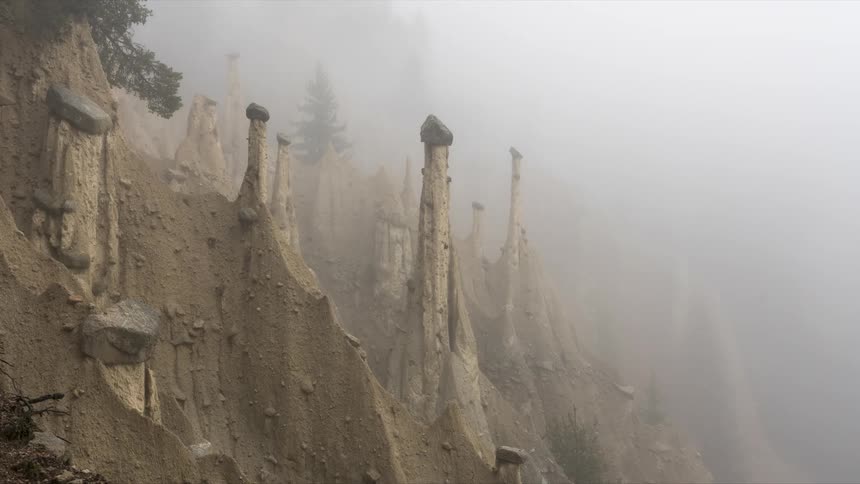 An unusual rock formation caused by erosion in the side of a mountain by a forest