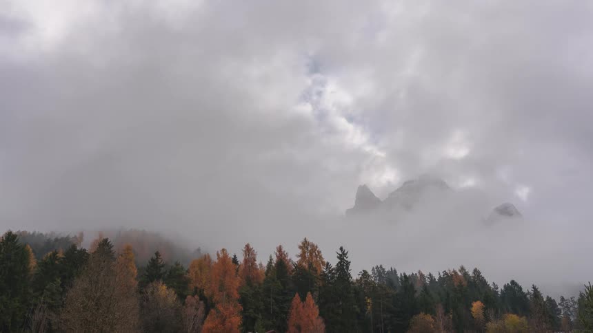 The clouds shroud the peak of the mountain in the distance and a forest in the foreground