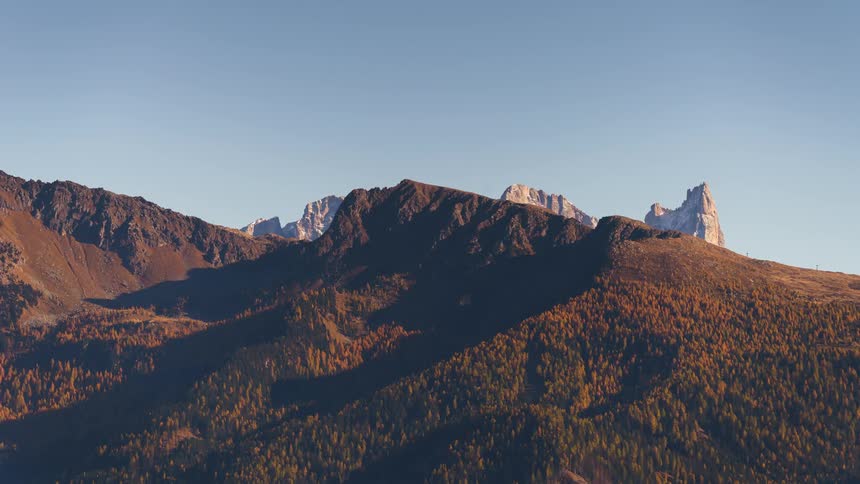 Autumnal forest on the side of a mountain under a bright blue sky