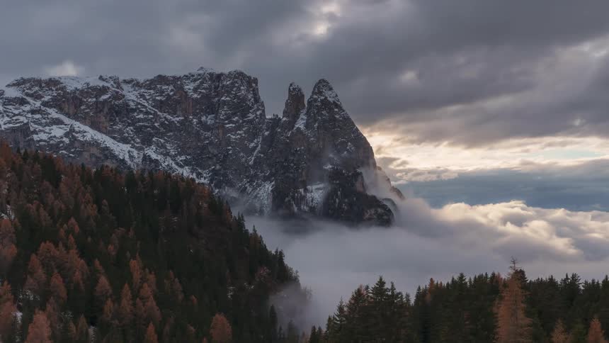Landscape of snowcovered rocky mountains and conifers against a dense cloudy sky