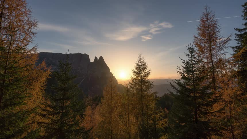 Conifers in the foreground with mountains in the background and the sun setting on the horizon