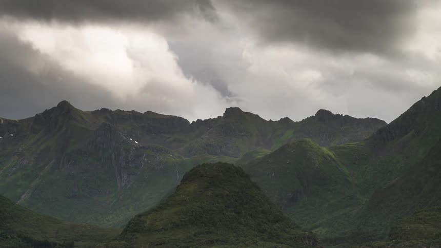 Mountains landscape with muscles and dense clouds passing by