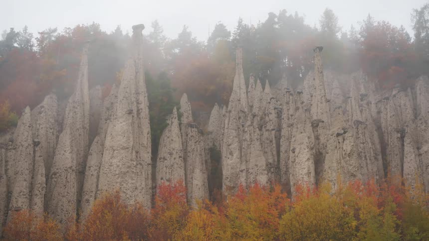 Mist blows past an unusual rock formation surrounded by a forest