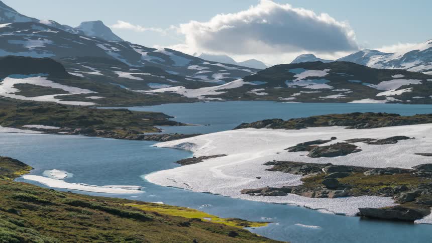 Scenery of a lake surrounded by snowy mountains