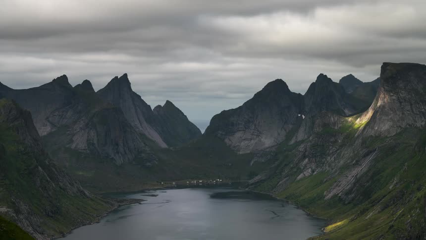 Valley of mountains with a lake in the middle on a cloudy day