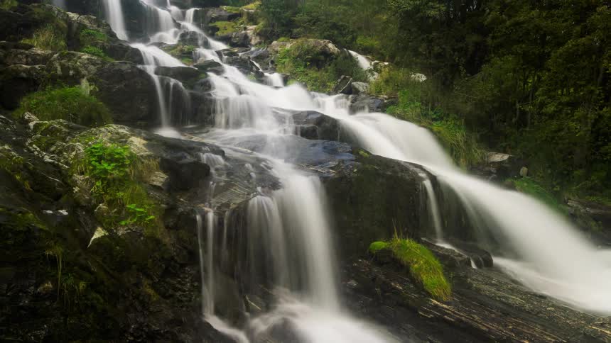 A stream turns into a waterfall at the base of a mountain near a forest