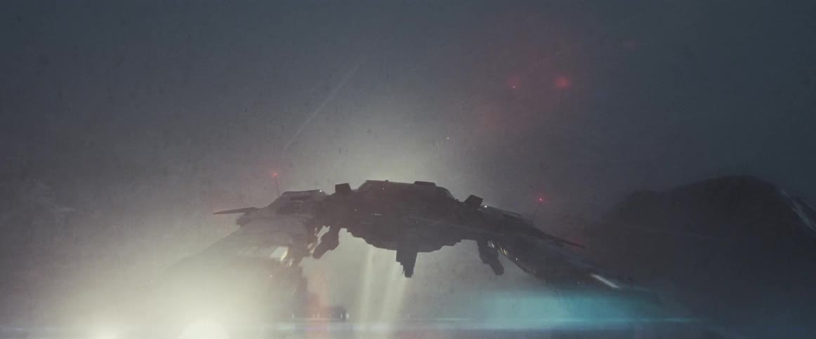 A futuristic space ship takes off and leaves a planet