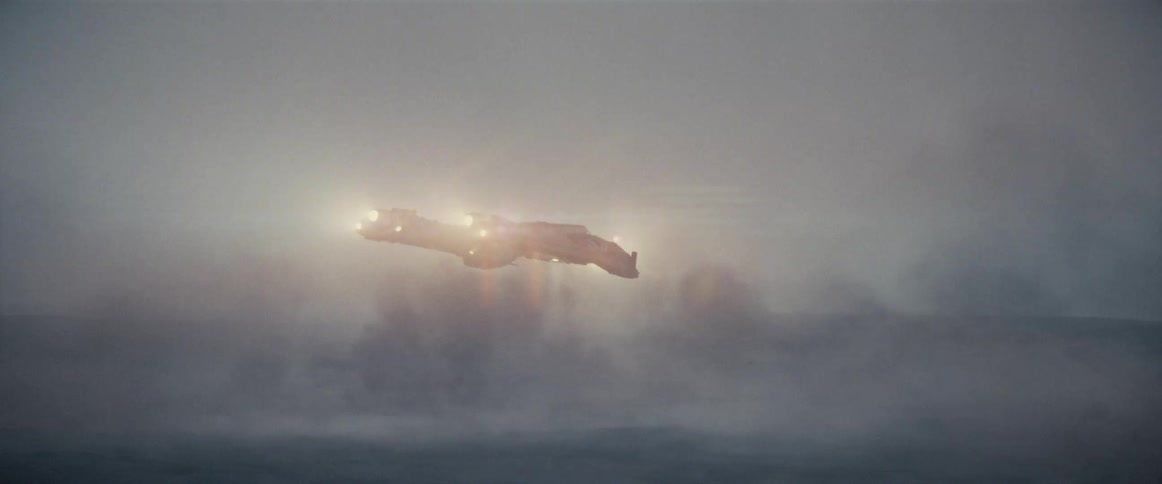Spaceship with two turbines flying from a snowcovered mountain