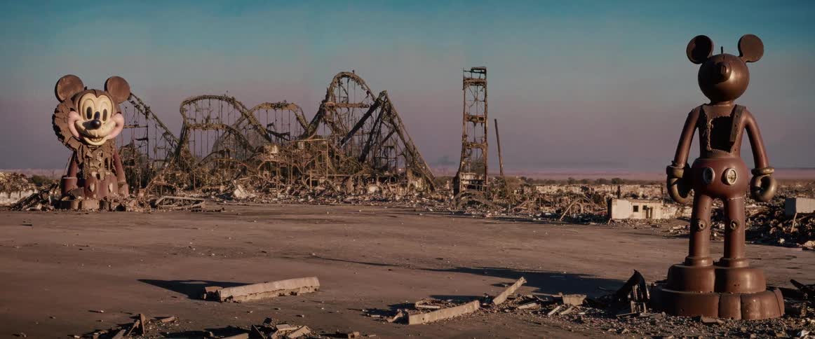 Postapocalyptic scene with the ruins of an amusement park featuring deteriorated figures of disney characters
