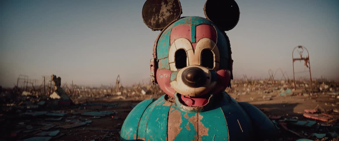 A weathered and peeling mickey mouse figure in an abandoned amusement park