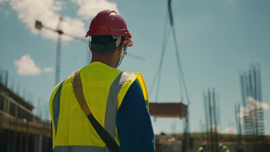 Man holding a box while wearing protective clothing on a construction site with a crane lowering a box