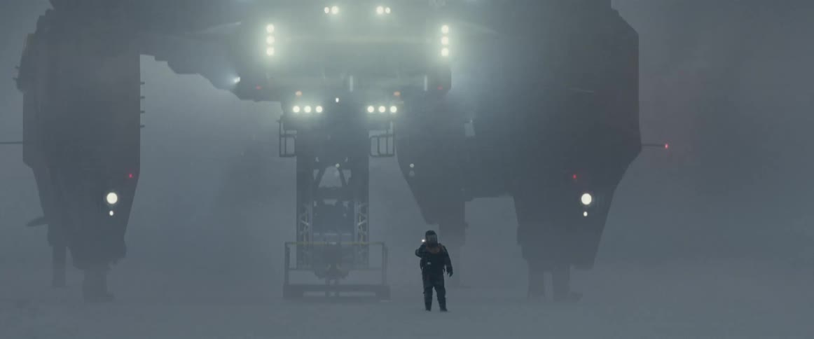 An astronaut with a spaceship right behind him shines a light around a snowy planet