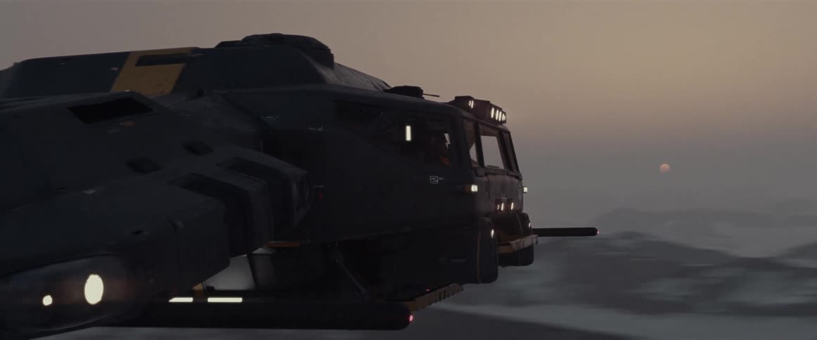 A science fiction inspired airship flying over a mountainous terrain at sunset