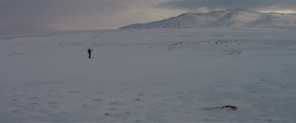 A person stands on a snow covered plain as an alien animal crawls out of the ice pack
