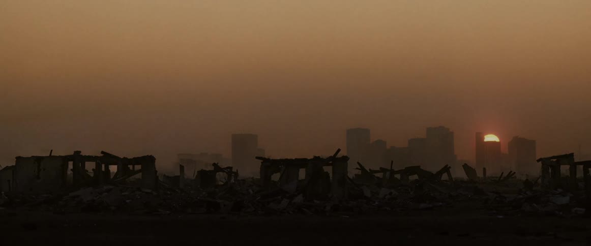 Sun setting on the horizon in a destroyed postapocalyptic city