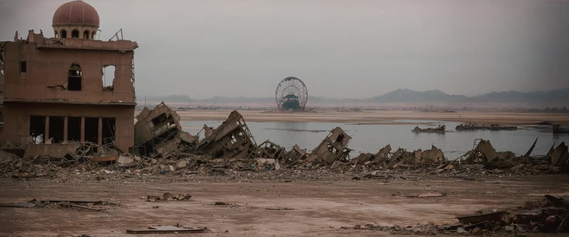 Scenery of a small postapocalyptic destroyed town with a lake in the background