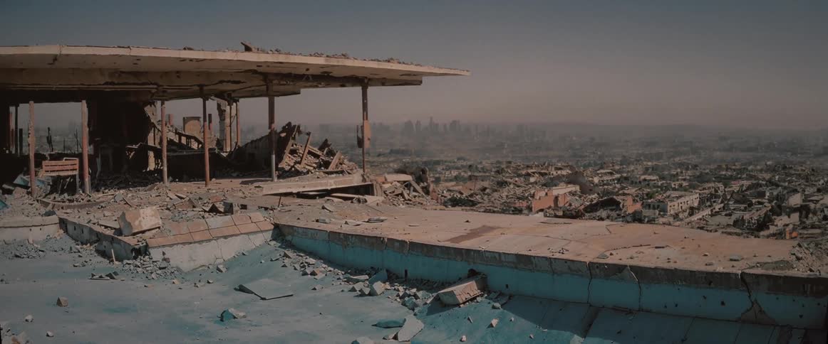 Rubble overlooking a massive city fading into the fog
