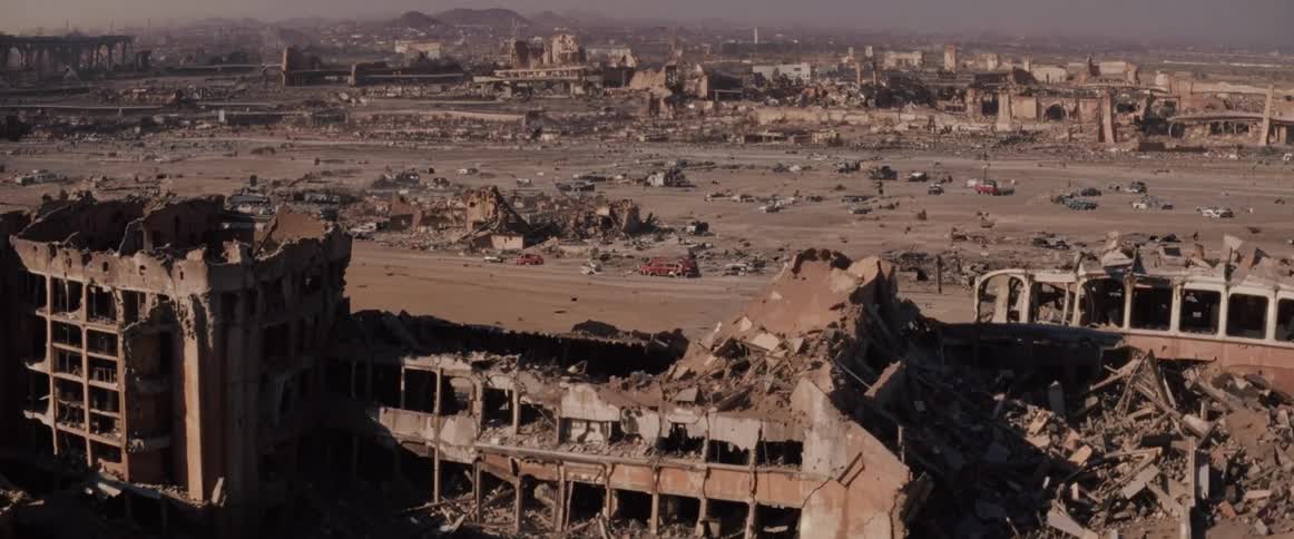 Wide view of a devastated area with extensive damage to buildings and infrastructure scattered debris and several damaged vehicles