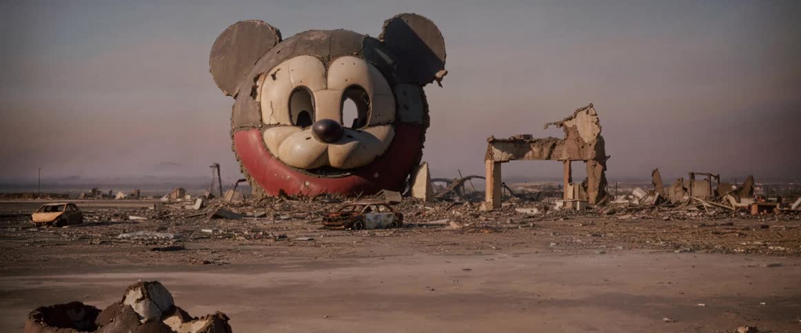Pieces of an old attraction near a burned out car on a beach