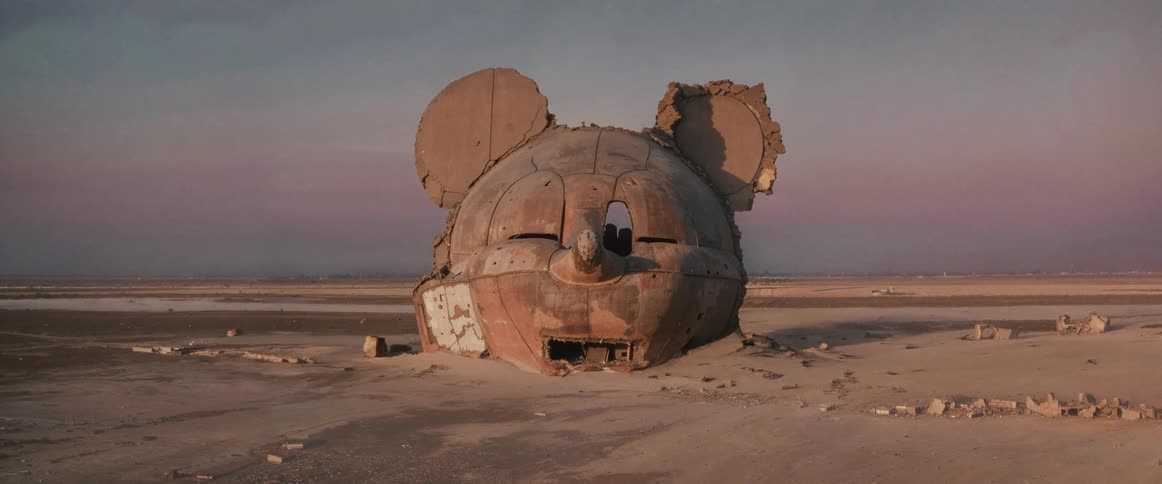 A large weathered spherical metal structure resting on barren land