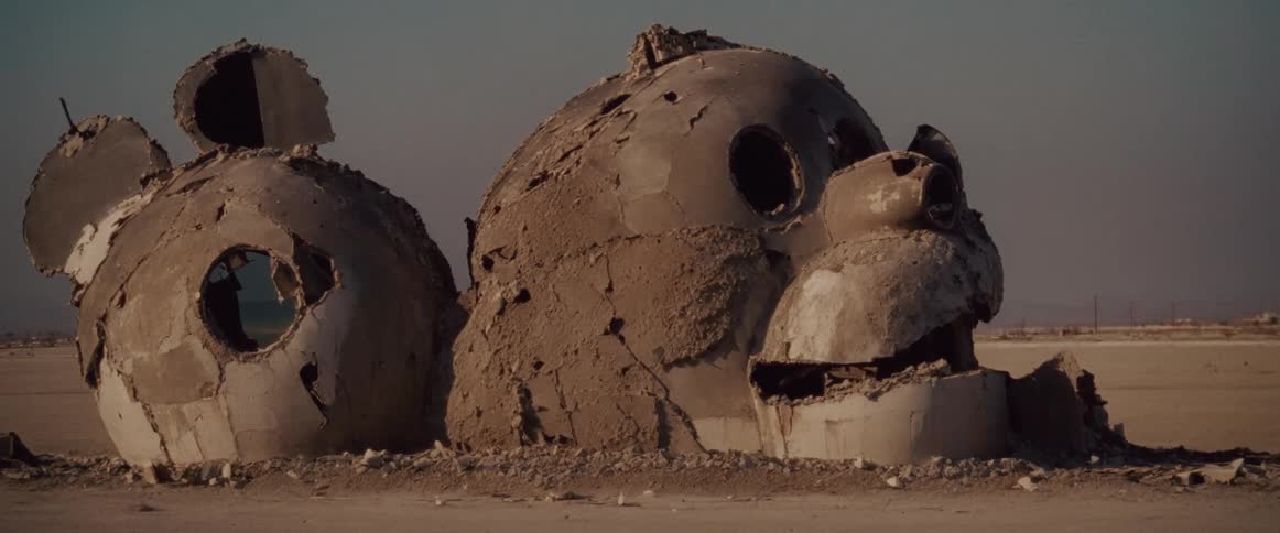 Two large rusted and destroyed animation structures situated on a flat terrain under a clear sky