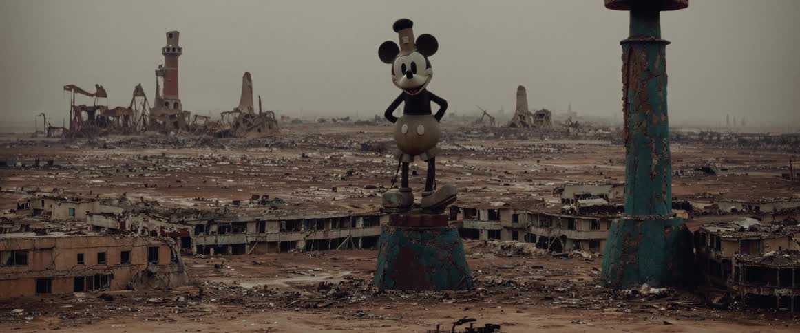 Stylized statue of mickey mouse on a pedestal in contrast to a postapocalyptic setting