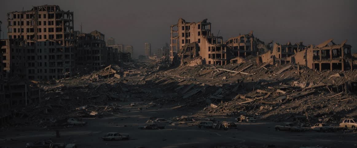 Vehicles and debris are strewn between the wreckage of buildings