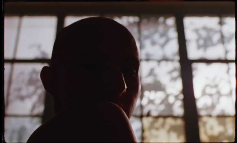 A bald woman turns to stare while standing in a room