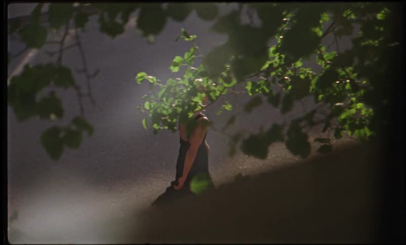A bald woman in a dress walks down a tree lined street