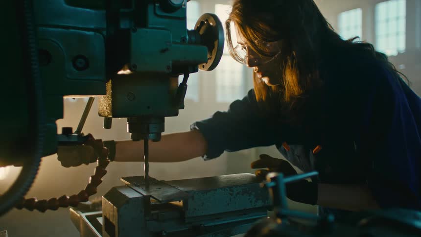 A woman is operating a large drill press in a workshop