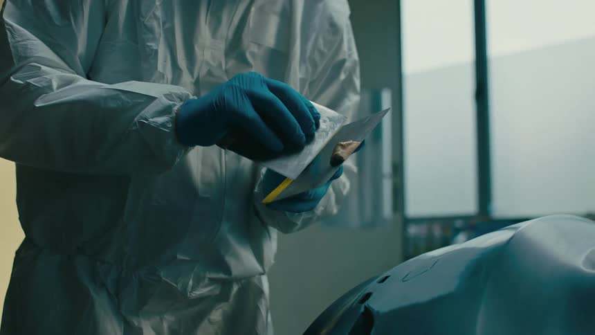 A man in protective clothing is applying a yellow substance to a blue car part with a spackle