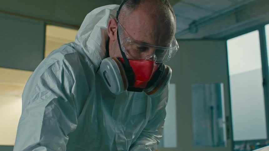 Man with mask and glove applying paint to a part of a vehicle