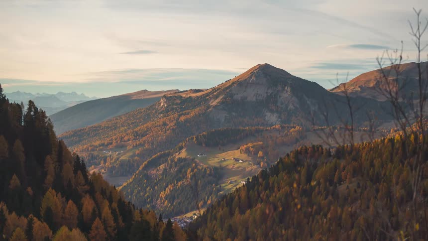 Natural landscape with mountains and autumn forests in a morning