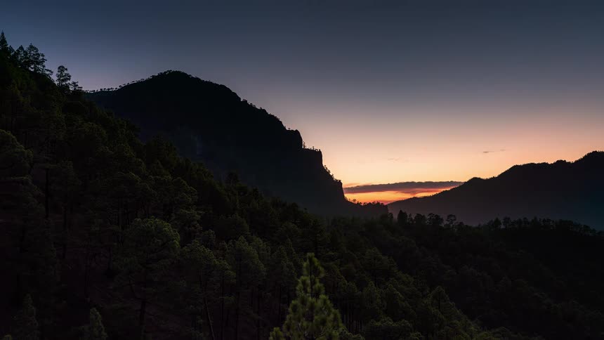 Time lapse of sunset and nightfall over a mountainous landscape